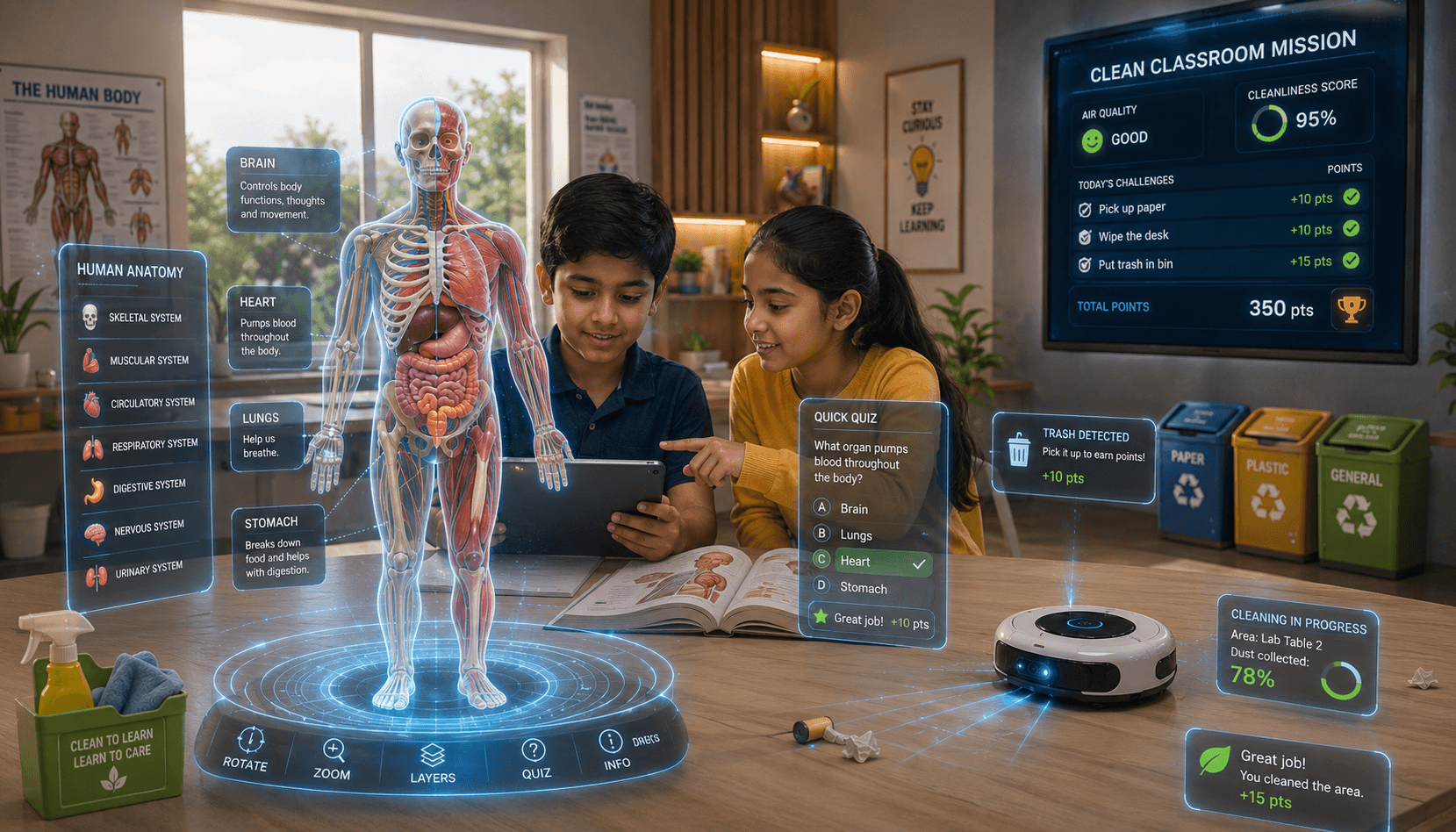 Students learning human anatomy with interactive 3D AR