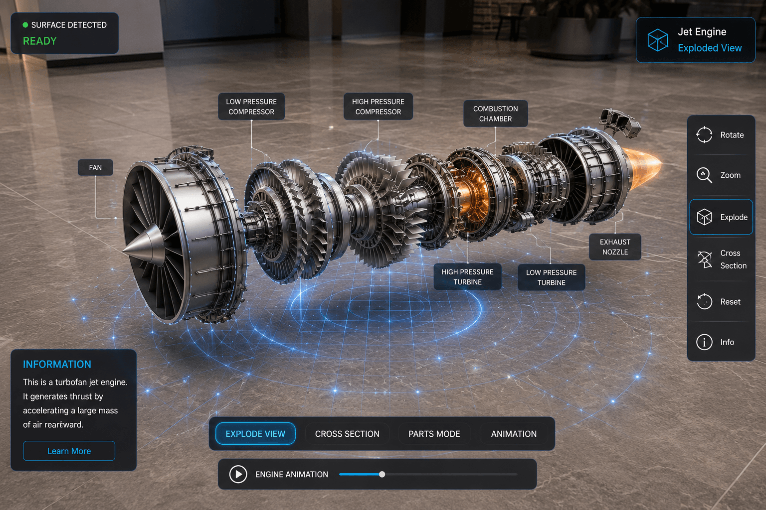 Markerless AR jet engine placed on a floor surface