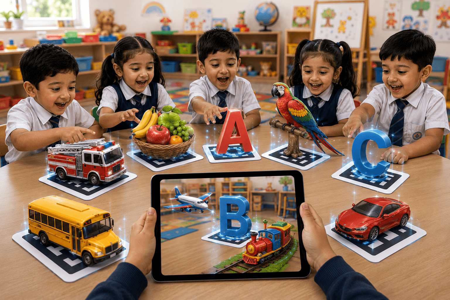 Children learning with AR markers in a classroom