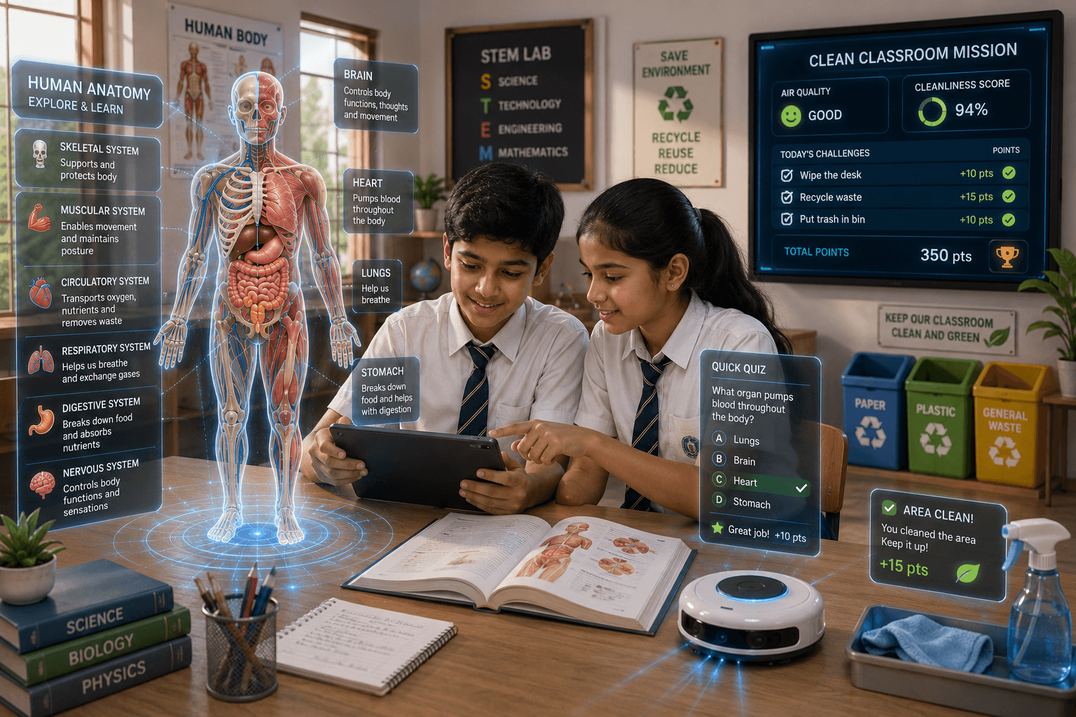 Students exploring human anatomy with interactive 3D AR