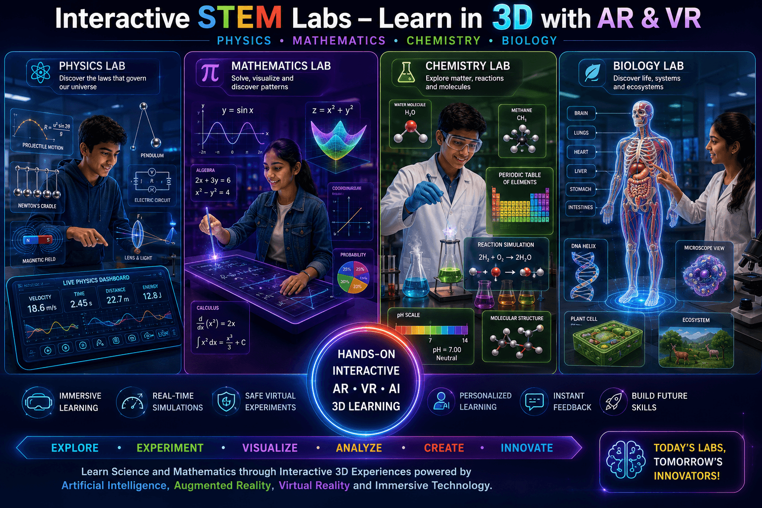 Students exploring interactive STEM labs in 3D with virtual experiments