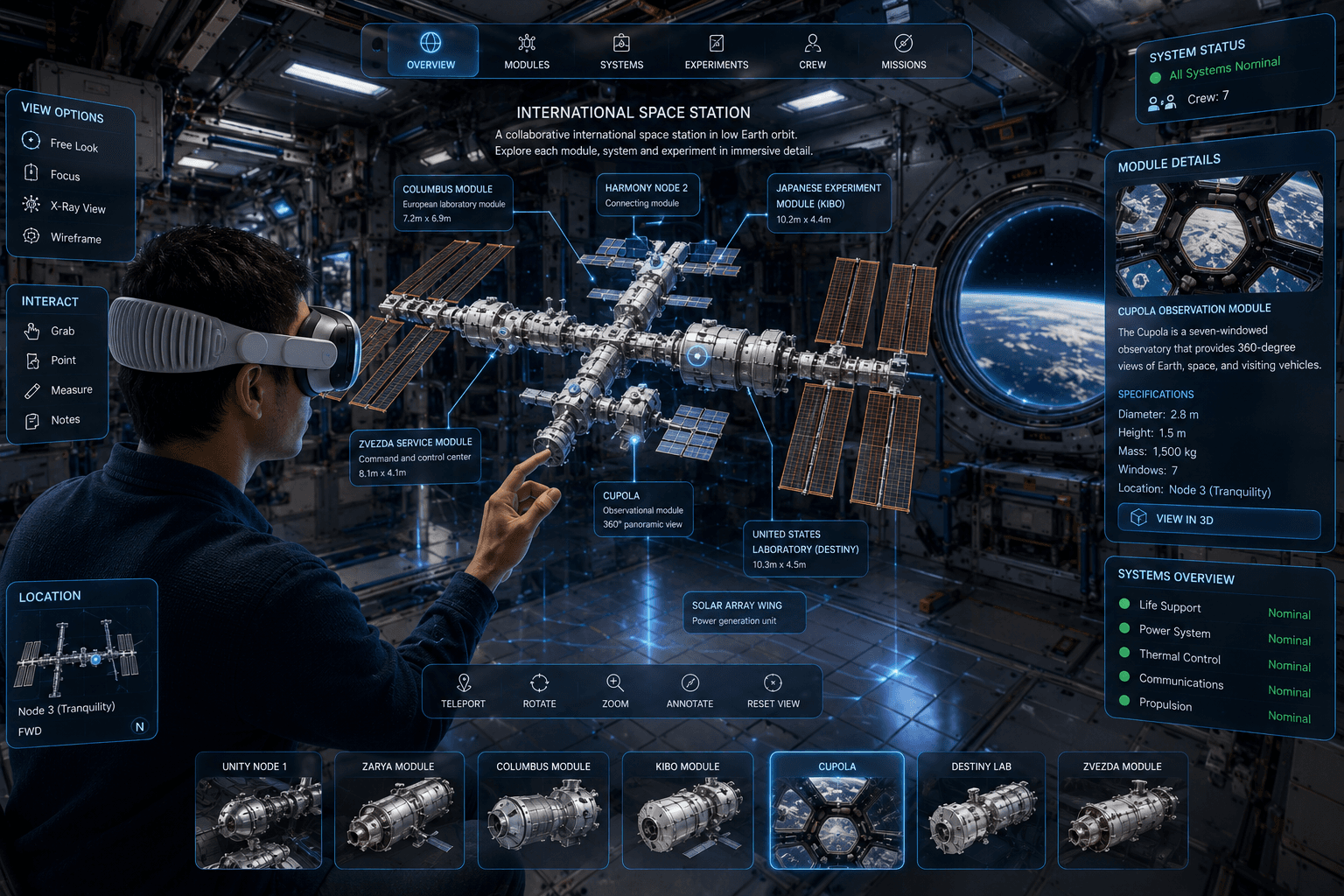 VR interface for exploring the International Space Station with module details
